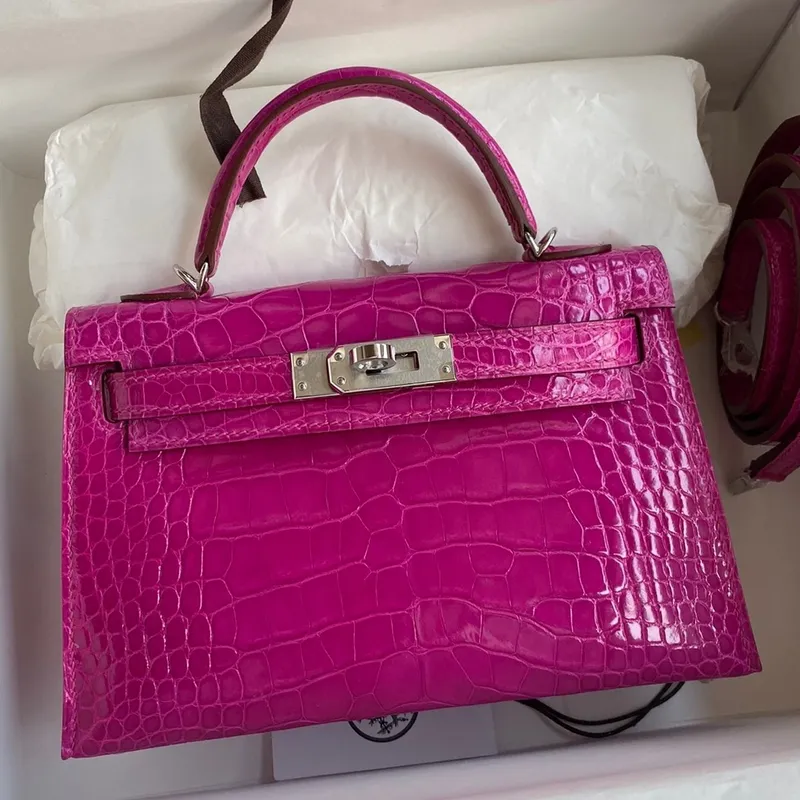 Kelly Mini II Sellier Handmade Bag In Rose Scheherazade Shiny Alligator Leather