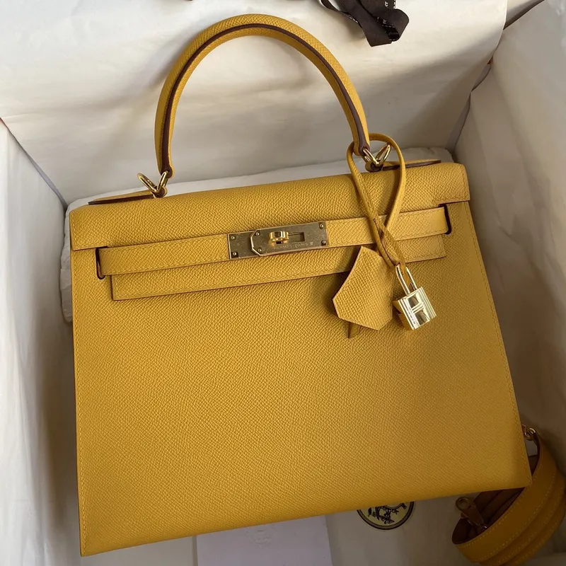 Kelly Sellier 28 Handmade Bag In Jaune Ambre Epsom Calfskin