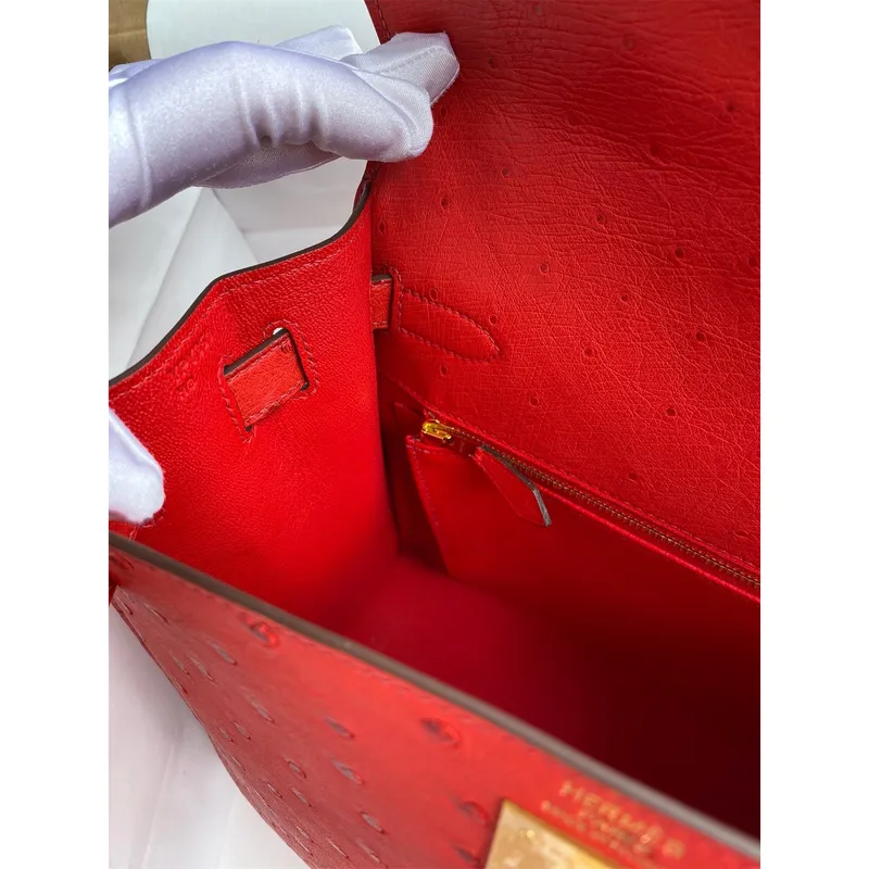 Kelly Sellier 28 Handmade Bag In Red Ostrich Leather