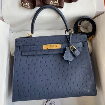 Kelly Sellier 28 Handmade Bag in Blue de Malte Ostrich Leather