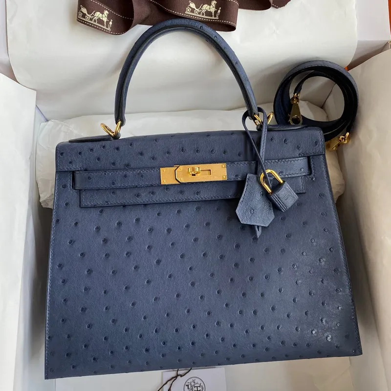 Kelly Sellier 28 Handmade Bag in Blue de Malte Ostrich Leather