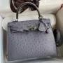Kelly Sellier 25 Handmade Bag in Gris Agate Ostrich Leather