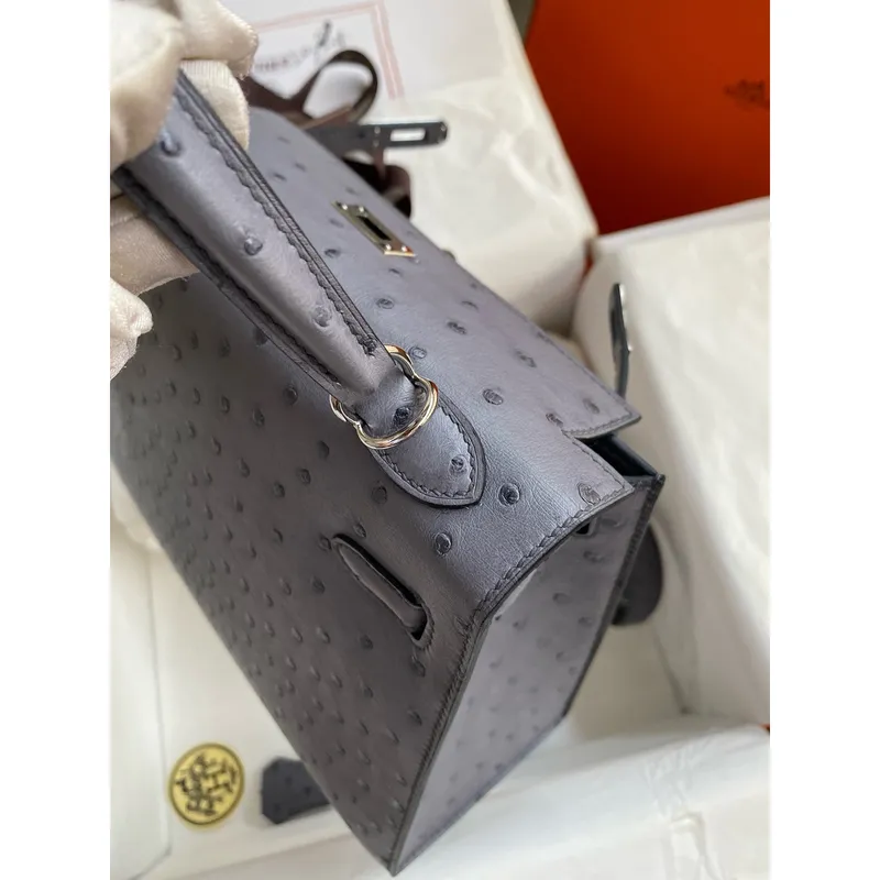 Kelly Sellier 25 Handmade Bag in Gris Agate Ostrich Leather