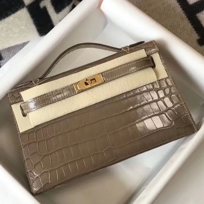 Kelly Pochette Bag In Taupe Embossed Crocodile Leather