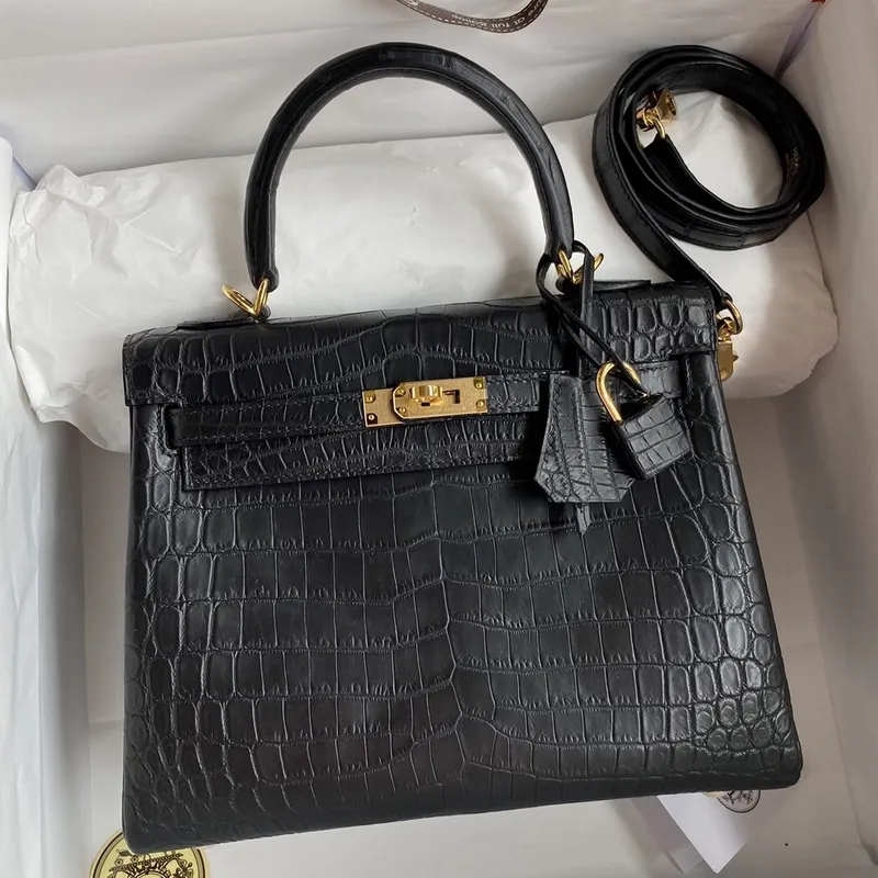 Kelly Sellier 25 Handmade Bag In Black Crocodile Niloticus Matte Skin