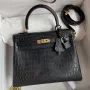 Kelly Sellier 25 Handmade Bag In Black Crocodile Niloticus Matte Skin