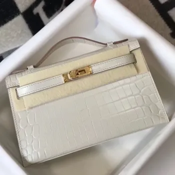 Kelly Pochette Bag In White Embossed Crocodile Leather