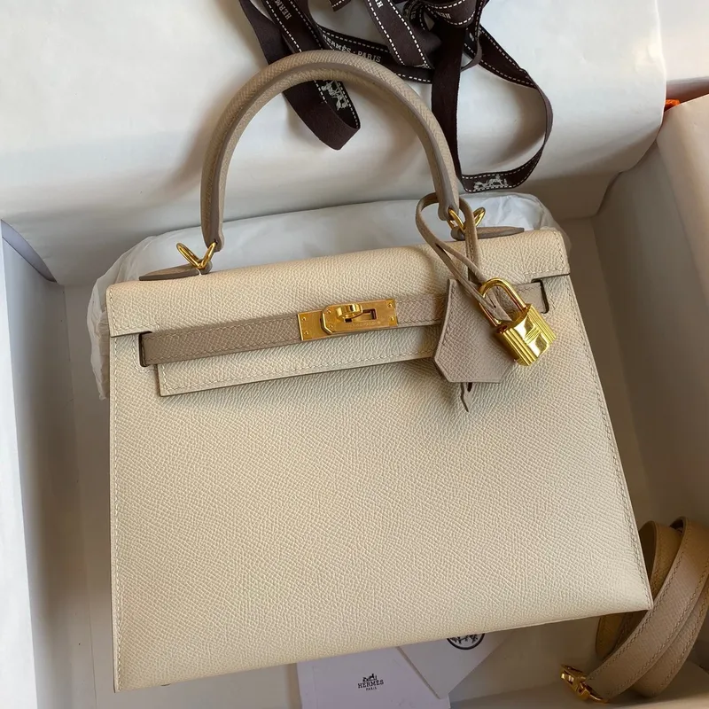 Kelly Sellier 25 Bicolor Bag in Craie and Trench Epsom Calfskin