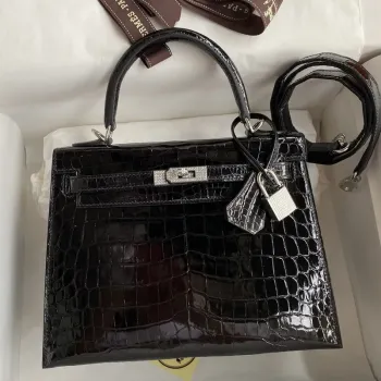 Kelly Sellier 25 Diamond Bag In Black Crocodile Niloticus Shiny Skin