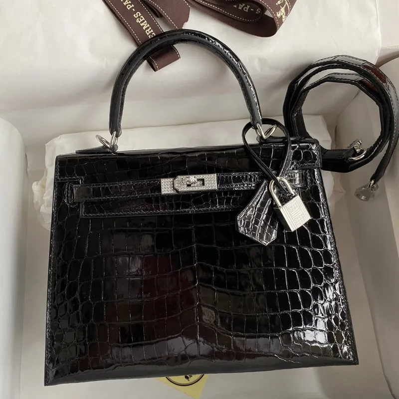 Kelly Sellier 25 Diamond Bag In Black Crocodile Niloticus Shiny Skin