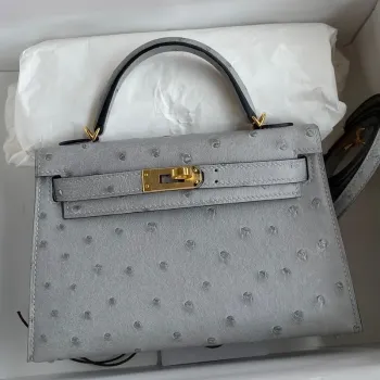 Kelly Mini II Sellier Handmade Bag In Bleu Glacier Ostrich Leather