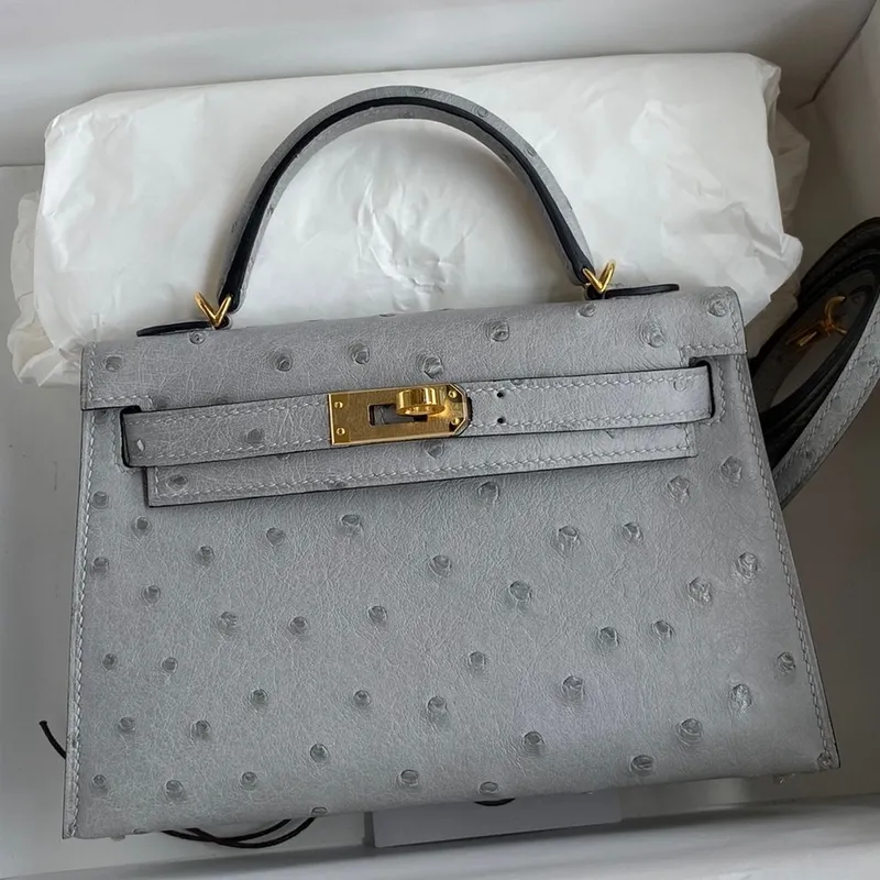 Kelly Mini II Sellier Handmade Bag In Bleu Glacier Ostrich Leather