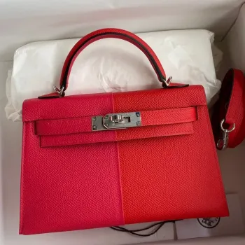 Kelly Mini II Sellier Tri color Bag In Red/Rose Extreme/Blue Epsom Calfskin