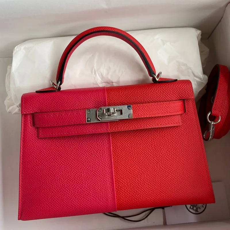 Kelly Mini II Sellier Tri color Bag In Red/Rose Extreme/Blue Epsom Calfskin