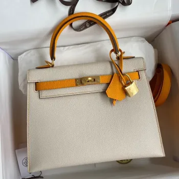Kelly Sellier 25 Bicolor Bag in Craie and Yellow Epsom Calfskin