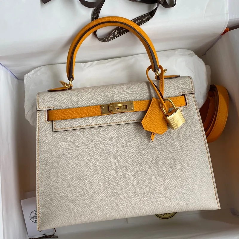 Kelly Sellier 25 Bicolor Bag in Craie and Yellow Epsom Calfskin