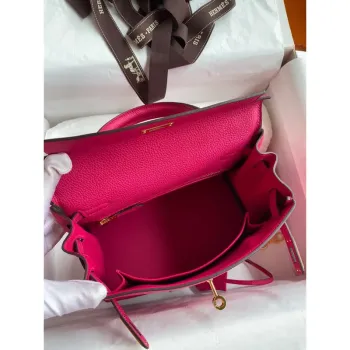 Kelly Retourne 25 Handmade Bag In Framboise Clemence Leather