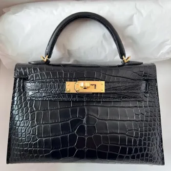Kelly Mini II Sellier Handmade Bag in Black Matte Alligator Leather