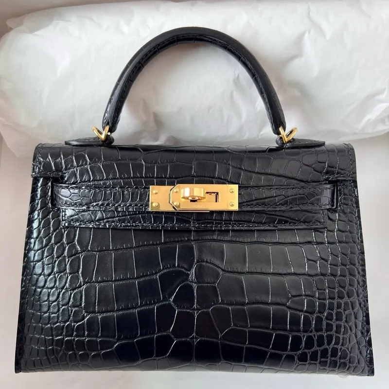 Kelly Mini II Sellier Handmade Bag in Black Matte Alligator Leather