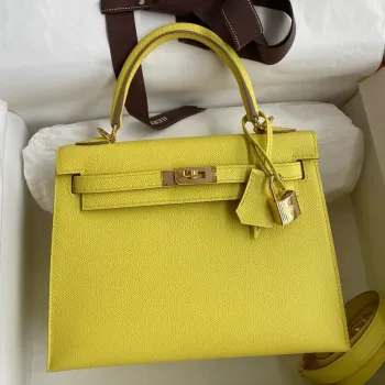 Kelly Sellier 28 Handmade Bag In Lime Epsom Calfskin
