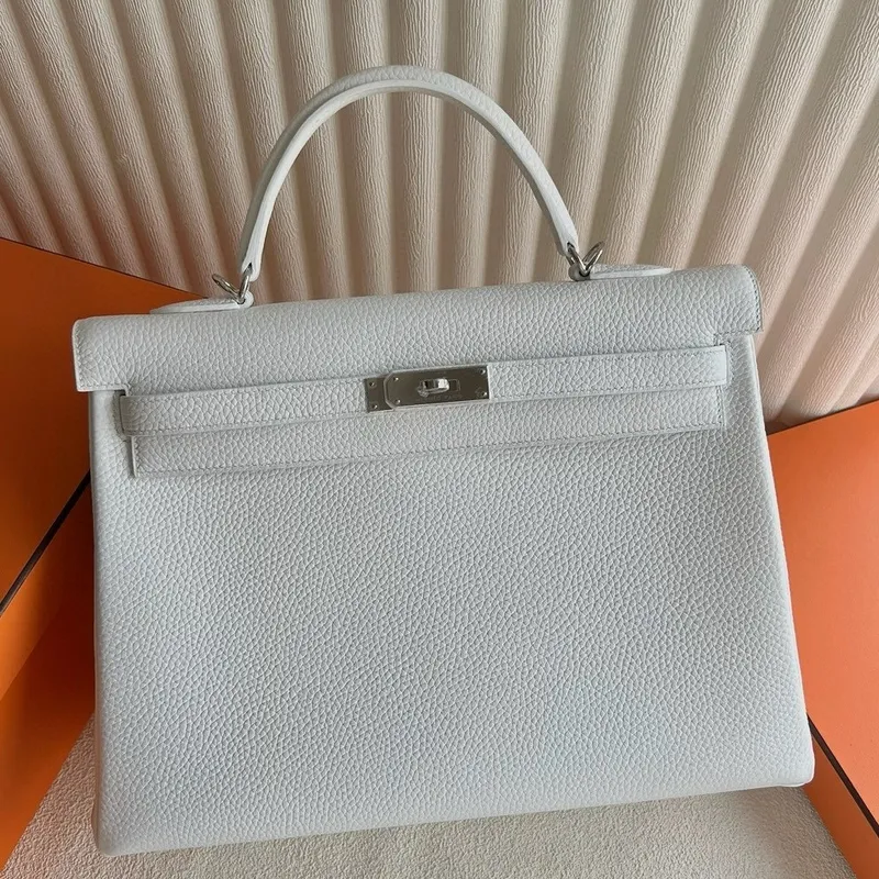 Kelly Retourne 35 Handmade Bag in White Clemence Leather
