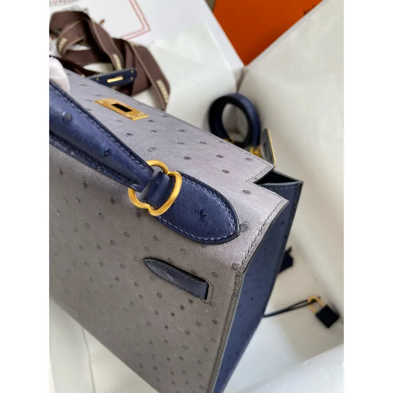 Hermes HSS Kelly 28 Bicolor Bag in Gris Agate and Blue Iris Ostrich Leather
