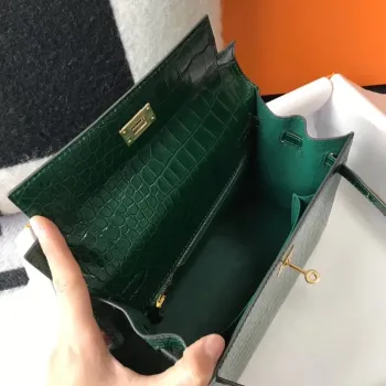 Kelly 28cm Bag In Green Embossed Crocodile GHW