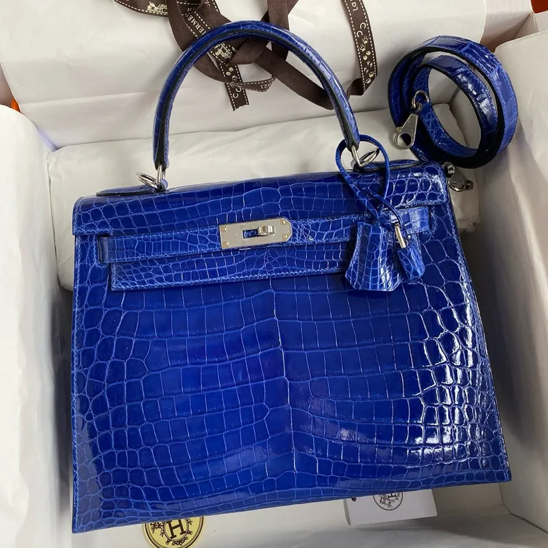 Kelly Sellier 28 Handmade Bag in Blue Electric Niloticus Crocodile Shiny Skin