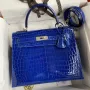 Kelly Sellier 28 Handmade Bag in Blue Electric Niloticus Crocodile Shiny Skin