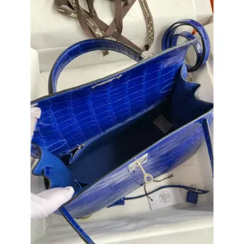 Kelly Sellier 28 Handmade Bag in Blue Electric Niloticus Crocodile Shiny Skin