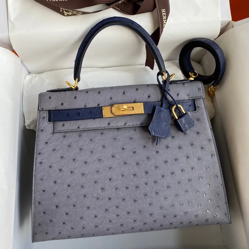 Kelly Sellier 25 Bicolor Bag in Gris Agate and Blue Ostrich Leather