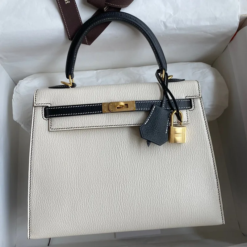 Kelly Sellier 25 Bicolor Bag in White and Black Mysore Goatskin