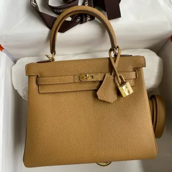 Kelly Retourne 25 Handmade Bag In Biscuit Clemence Leather