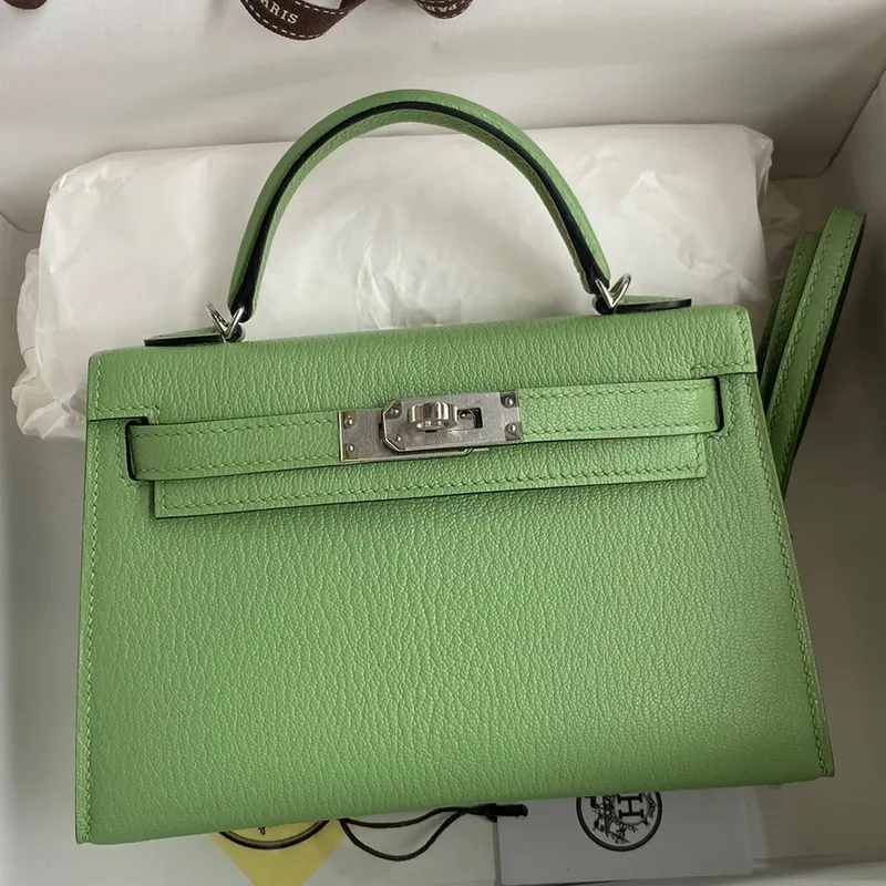 Kelly Mini II Sellier Handmade Bag In Vert Criquet Chevre Mysore Leather