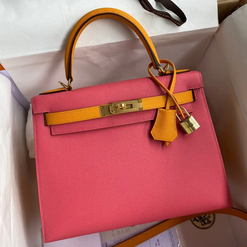 Kelly Sellier 28 Bicolor Bag in Rose Lipstick and Yellow Epsom Calfskin