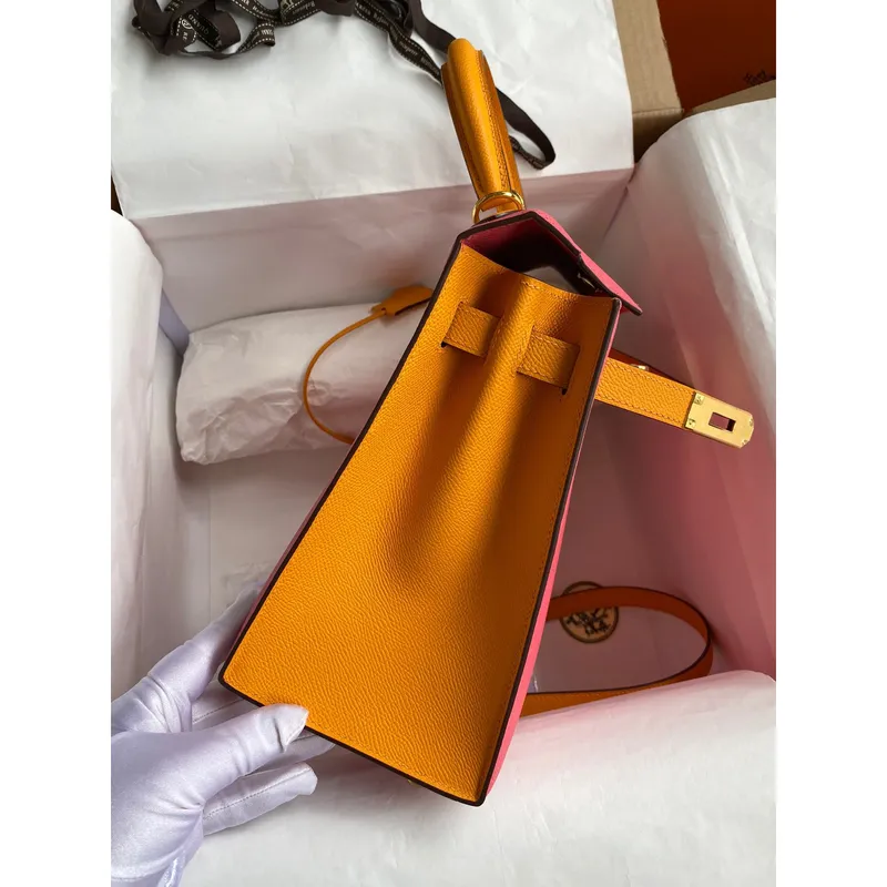 Kelly Sellier 28 Bicolor Bag in Rose Lipstick and Yellow Epsom Calfskin