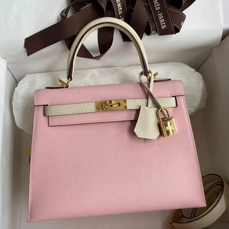Kelly Sellier 25 Bicolor Bag in Rose Sakura and Craie Epsom Calfskin