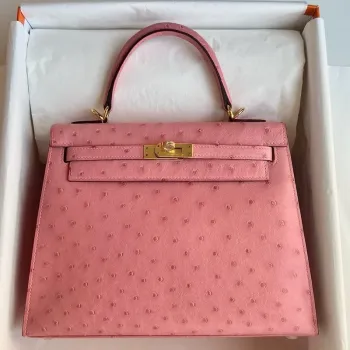 Kelly Sellier 25 Handmade Bag in Rose Bubblegum Ostrich Leather