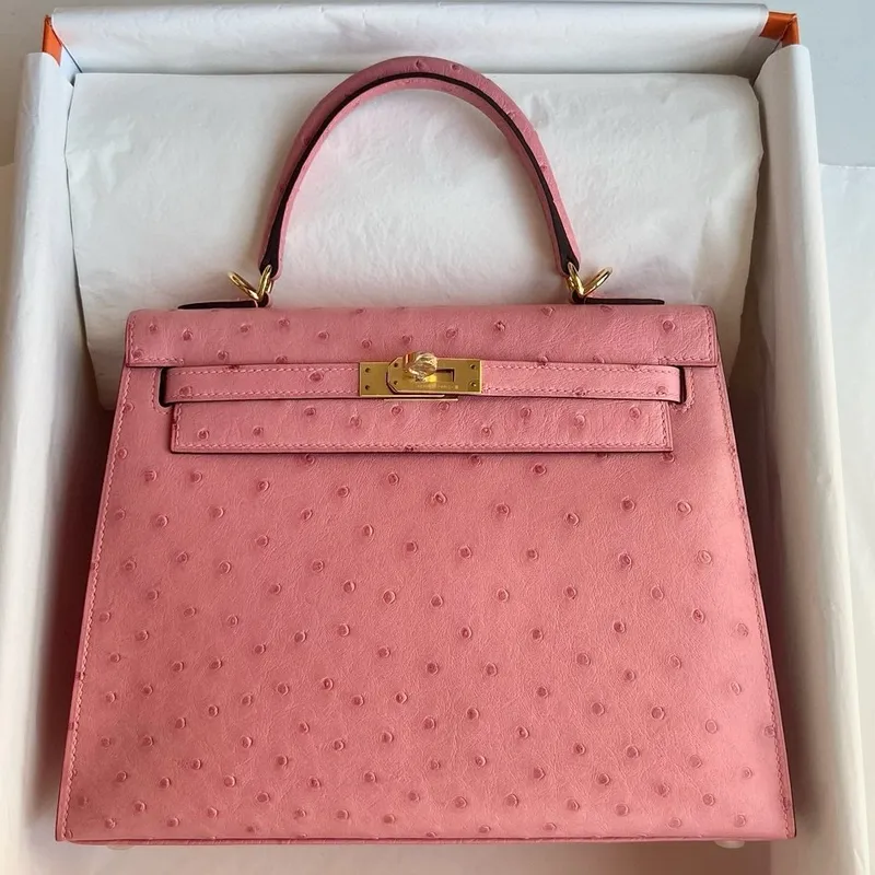 Kelly Sellier 25 Handmade Bag in Rose Bubblegum Ostrich Leather