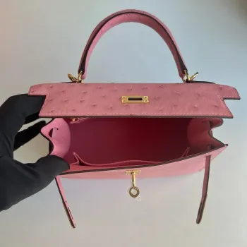 Kelly Sellier 25 Handmade Bag in Rose Bubblegum Ostrich Leather