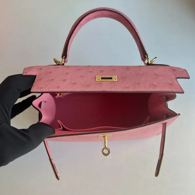 Kelly Sellier 25 Handmade Bag in Rose Bubblegum Ostrich Leather