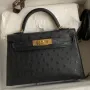 Kelly Mini II Sellier Handmade Bag In Black Ostrich Leather