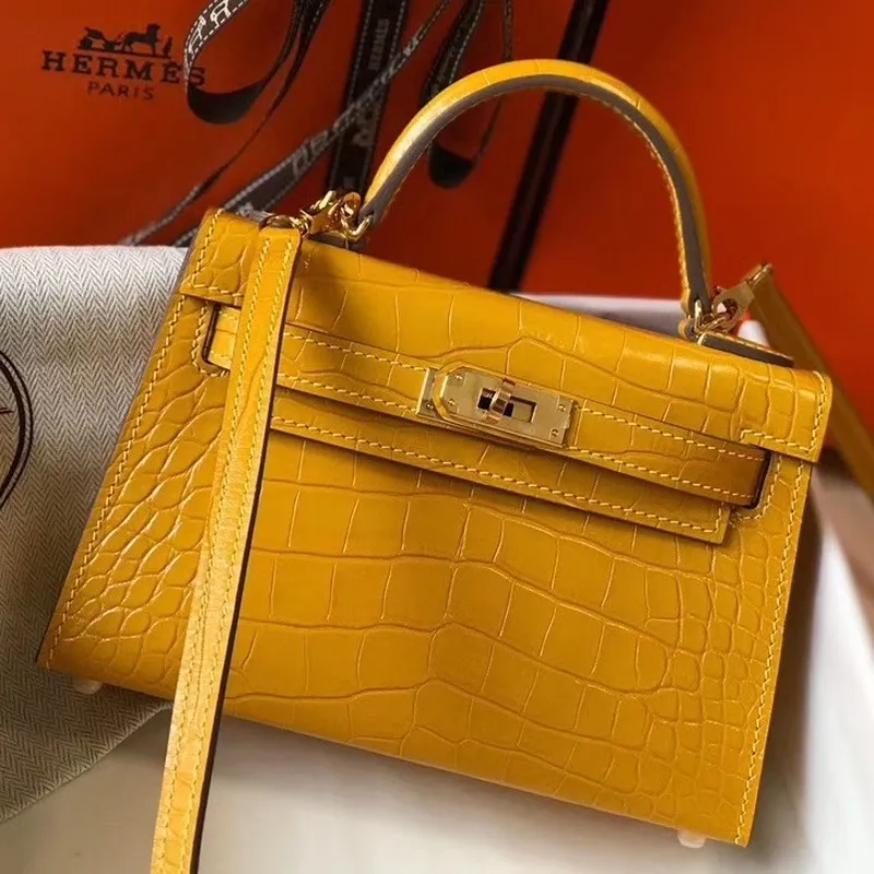 Kelly Mini II Bag In Yellow Crocodile Embossed Leather