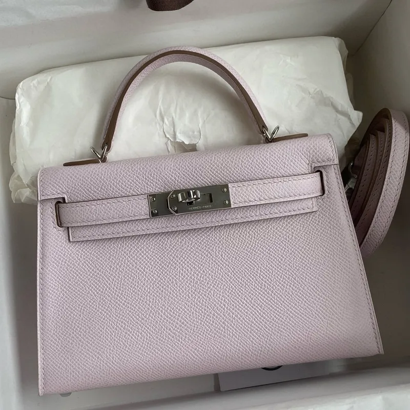 Kelly Mini II Sellier Handmade Bag in Mauve Pale Epsom Calfskin