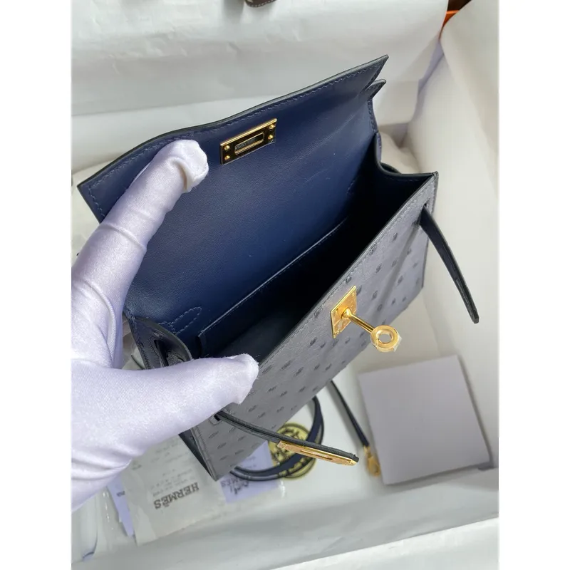 Hermes HSS Kelly Mini II Sellier Handmade Bag in Gris Agate and Blue Iris Ostrich Leather