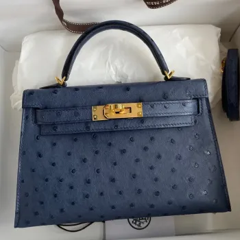Kelly Mini II Sellier Handmade Bag in Blue de Malte Ostrich Leather