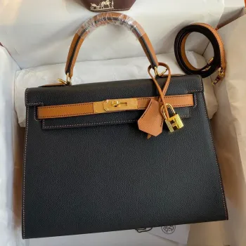 Kelly Sellier 28 Bicolor Bag in Black and Gold Epsom Calfskin