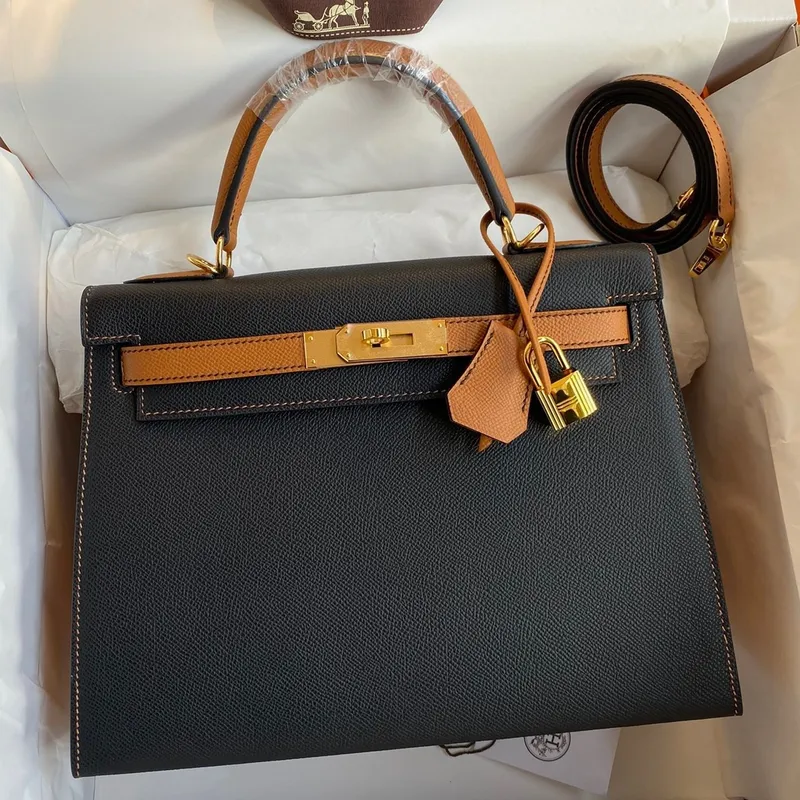 Kelly Sellier 28 Bicolor Bag in Black and Gold Epsom Calfskin