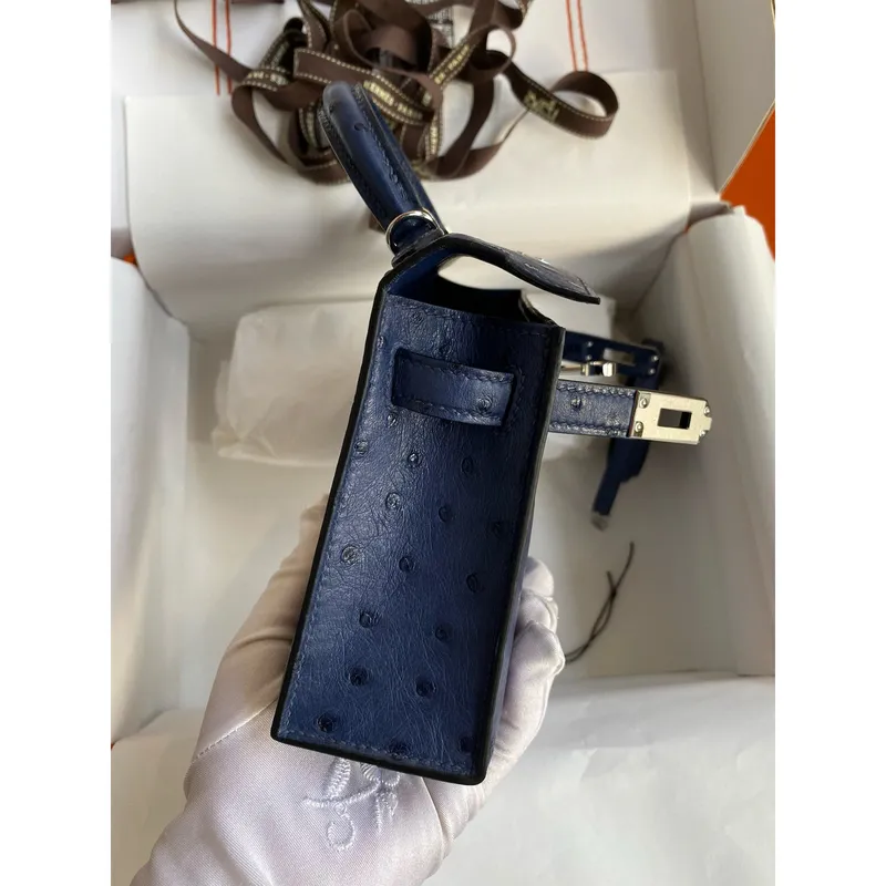 Kelly Mini II Sellier Handmade Bag In Blue Iris Ostrich Leather