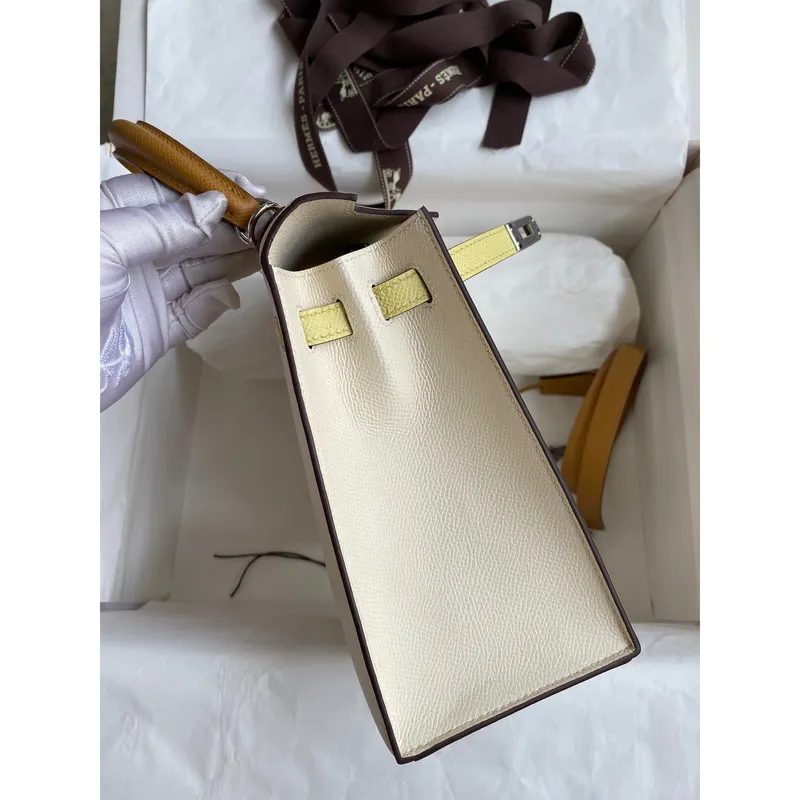 Kelly Sellier 25 Tricolor Bag in Craie/Sesame/Yellow Epsom Calfskin